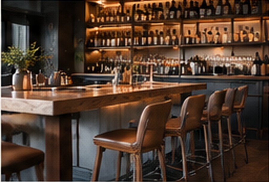 Wood bar counter with barstools and a fully stocked back-bar shelving wall