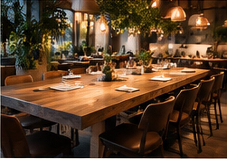 Long communal wood table set for dinner in a warm hospitality interior