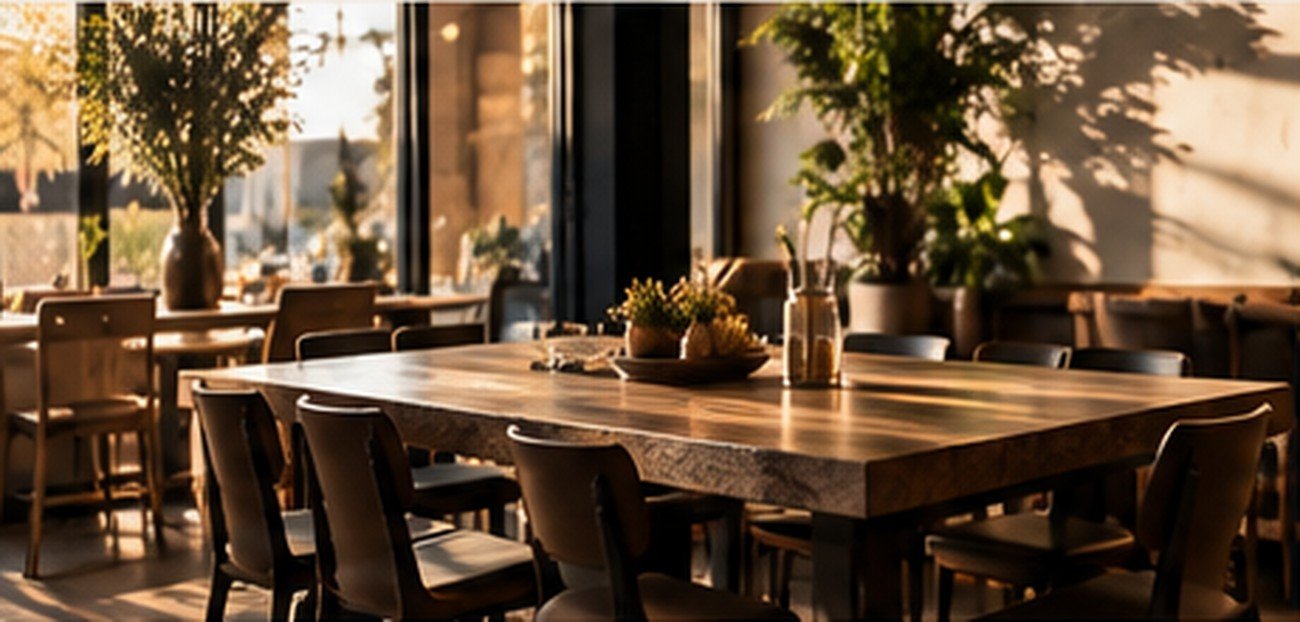 Sunlit restaurant dining room with a long wood gathering table and greenery